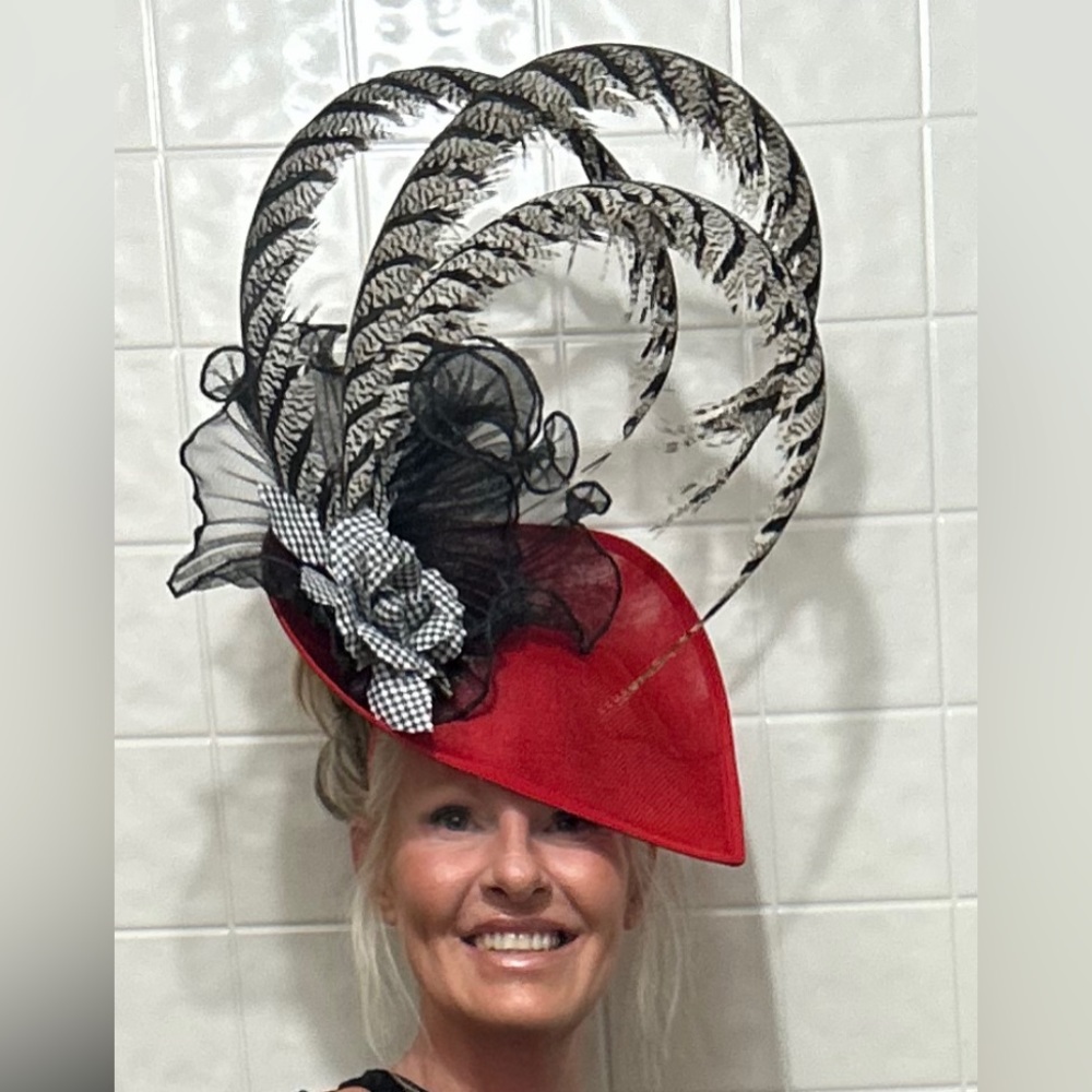 Red black and white fascinator.  Derby hat.  Houndstooth rose fascinator.